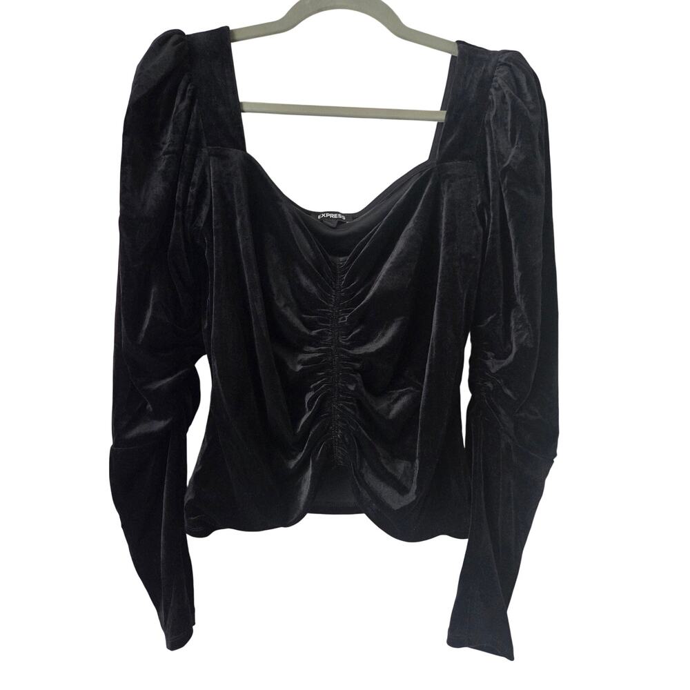Express Black Velvet Top Puff Sleeve Ruched cropped large